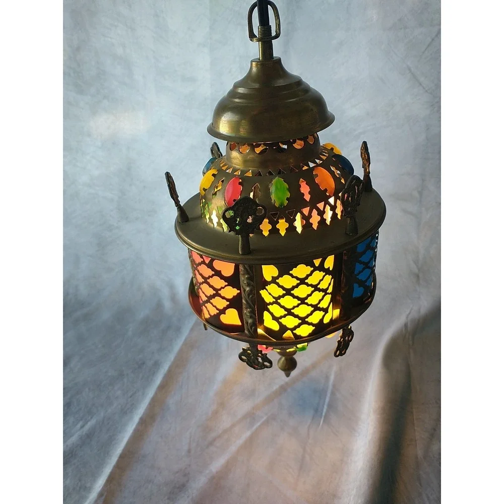 Vintage Moroccan Hanging Lamp Boho Swag Light Pierced Metal Color Glass